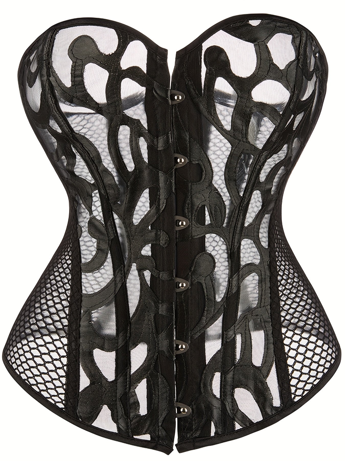 Black Printed Mesh Corset Top - Waist Cincher