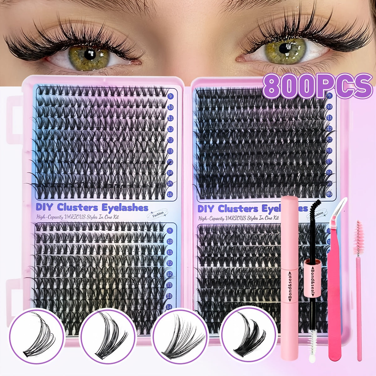 DIY Eyelash Extension Kit - 200/800pcs with Adhesive and Tweezers