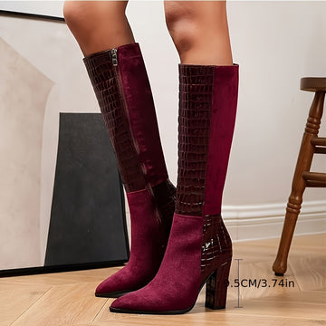 Elegant Women's Chunky Heel Burgundy High Boots