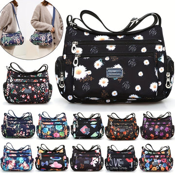 Waterproof Nylon Crossbody Bag with Floral Pattern