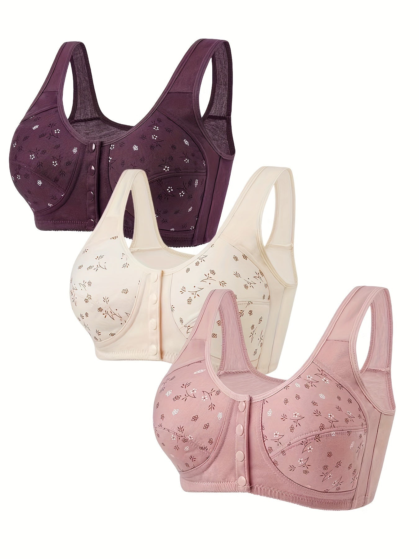 Floral Print Wireless Bra - 3 Pieces