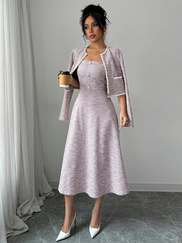 Ensemble Robe Tube et Veste Manches Longues en Lotus Rose