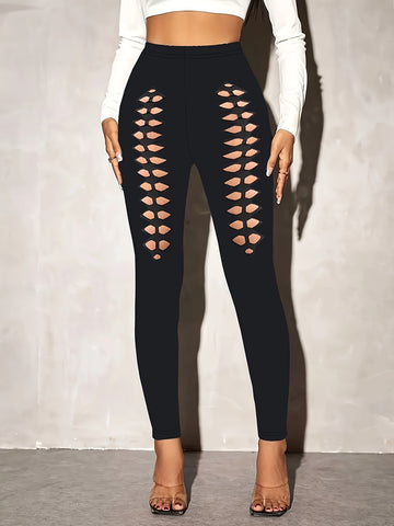 Chic High Waisted Black Leggings for Women with Openwork Details