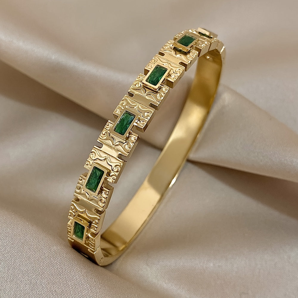 Vintage Stainless Steel Bracelet with Emerald Zirconia Inlay