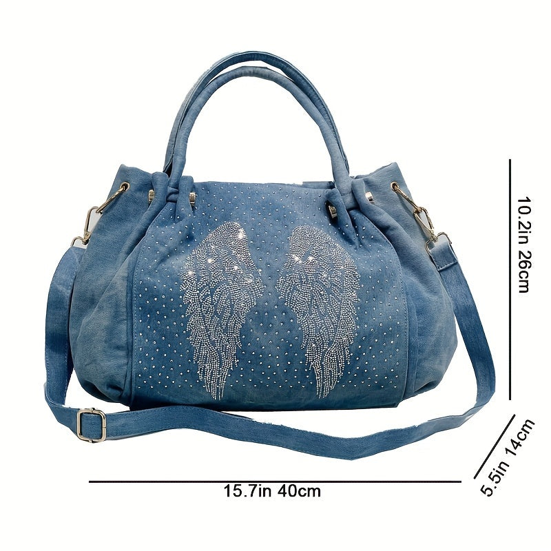 Vintage Denim Handbag with Rhinestone Wing Design