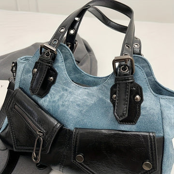 Retro large capacity blue shoulder bag