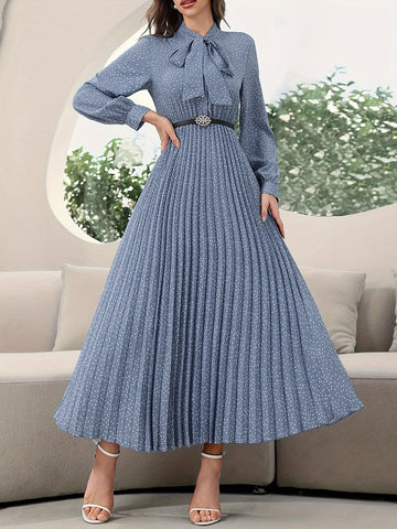 Elegant Pleated Print Dress with Bow Collar