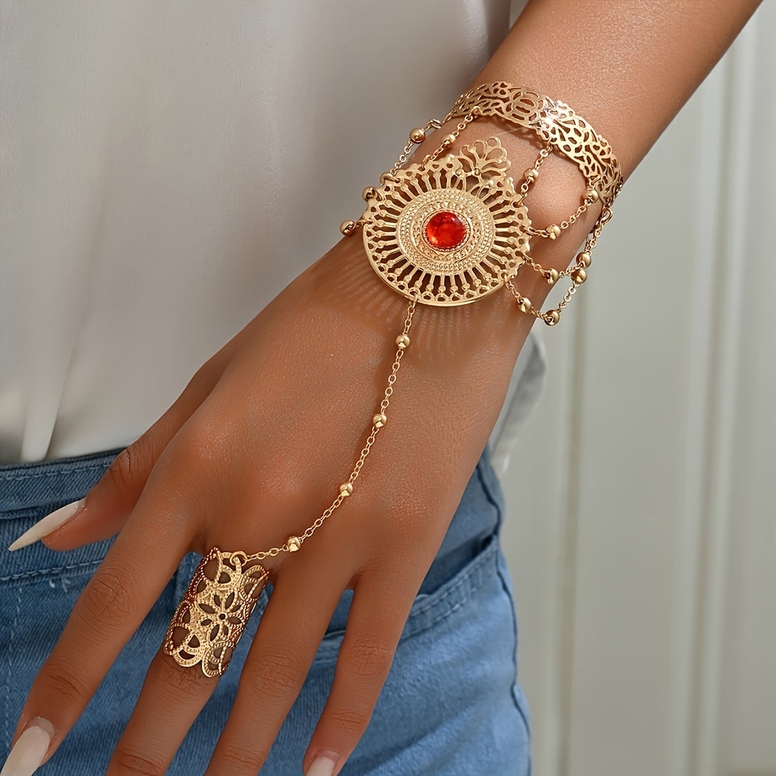 Boho-Chic Floral Mitten Bracelet in Gold with Red Stone Accents