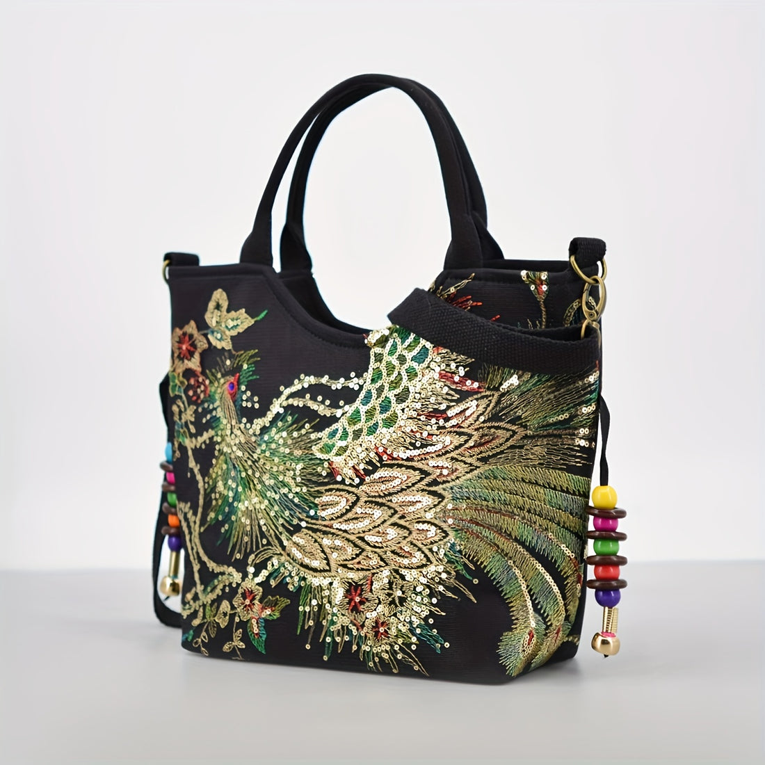 Ethnic peacock sequin tote bag