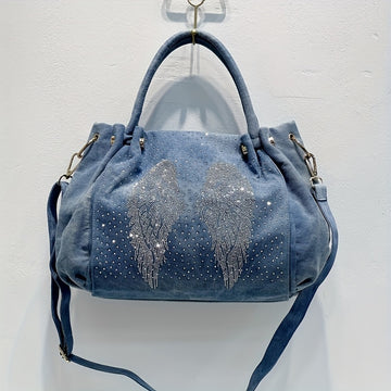 Vintage Denim Handbag with Rhinestone Wing Design