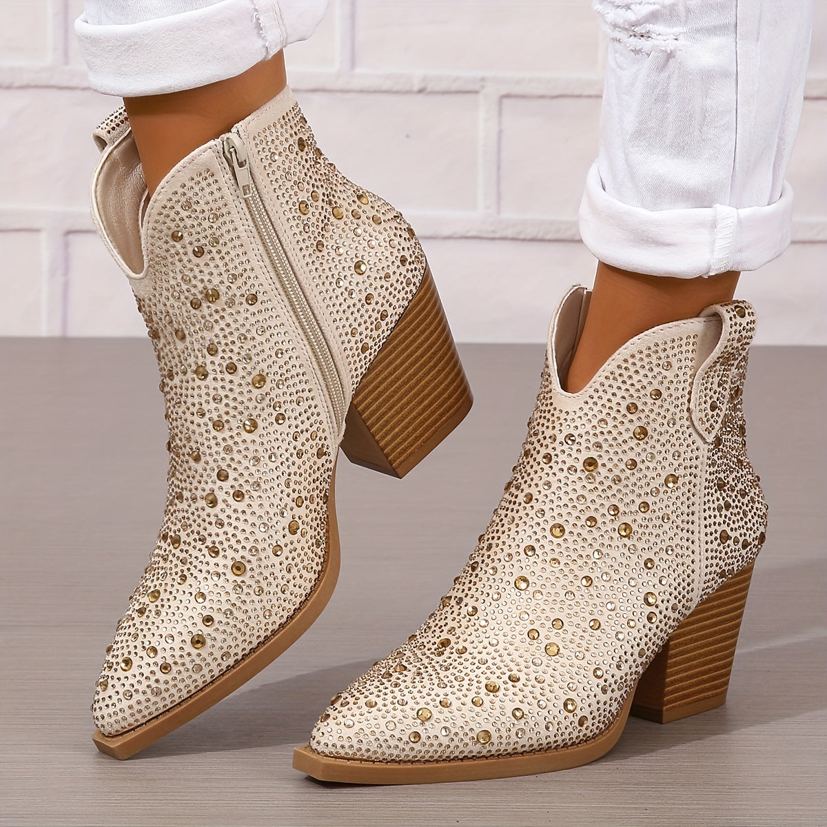 Women's White Diamond Chunky Heel Boots