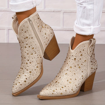 Women's White Diamond Chunky Heel Boots